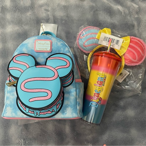 Loungefly Mickey Disney Eats Macaron Backpack, Ears, & Tumbler Bundle Set NWT - Picture 5 of 12